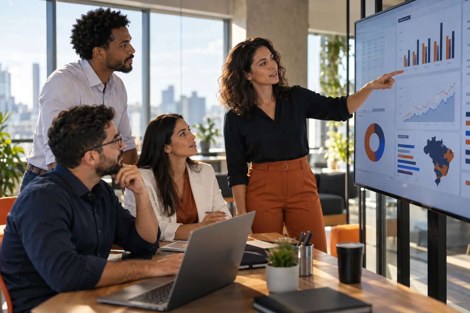 Equipe analisando indicadores de mídia e vendas em conjunto